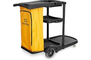 Dryser Commercial Janitorial Cleaning Cart on Wheels - Black Housekeeping Caddy with Cover, Shelves and Vinyl Bag