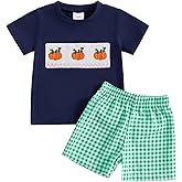 KtwHarnu Toddler Baby Boy Halloween Clothes Pumpkin Embroidery Smocked Short Sleeve T-Shirt and Plaid Shorts Set Fall Outfits