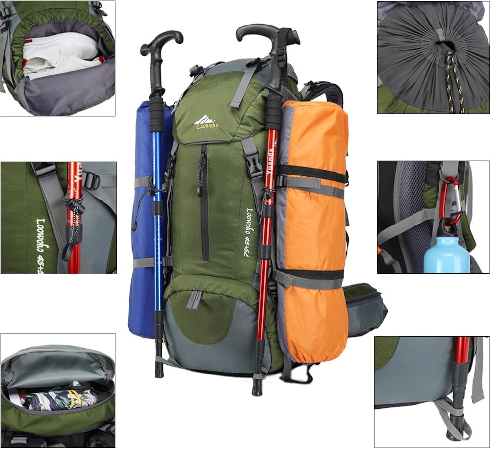 Loowoko Hiking Backpack 50L Travel Camping Backpack with Rain Cover for Outdoor (Green) : Clothing