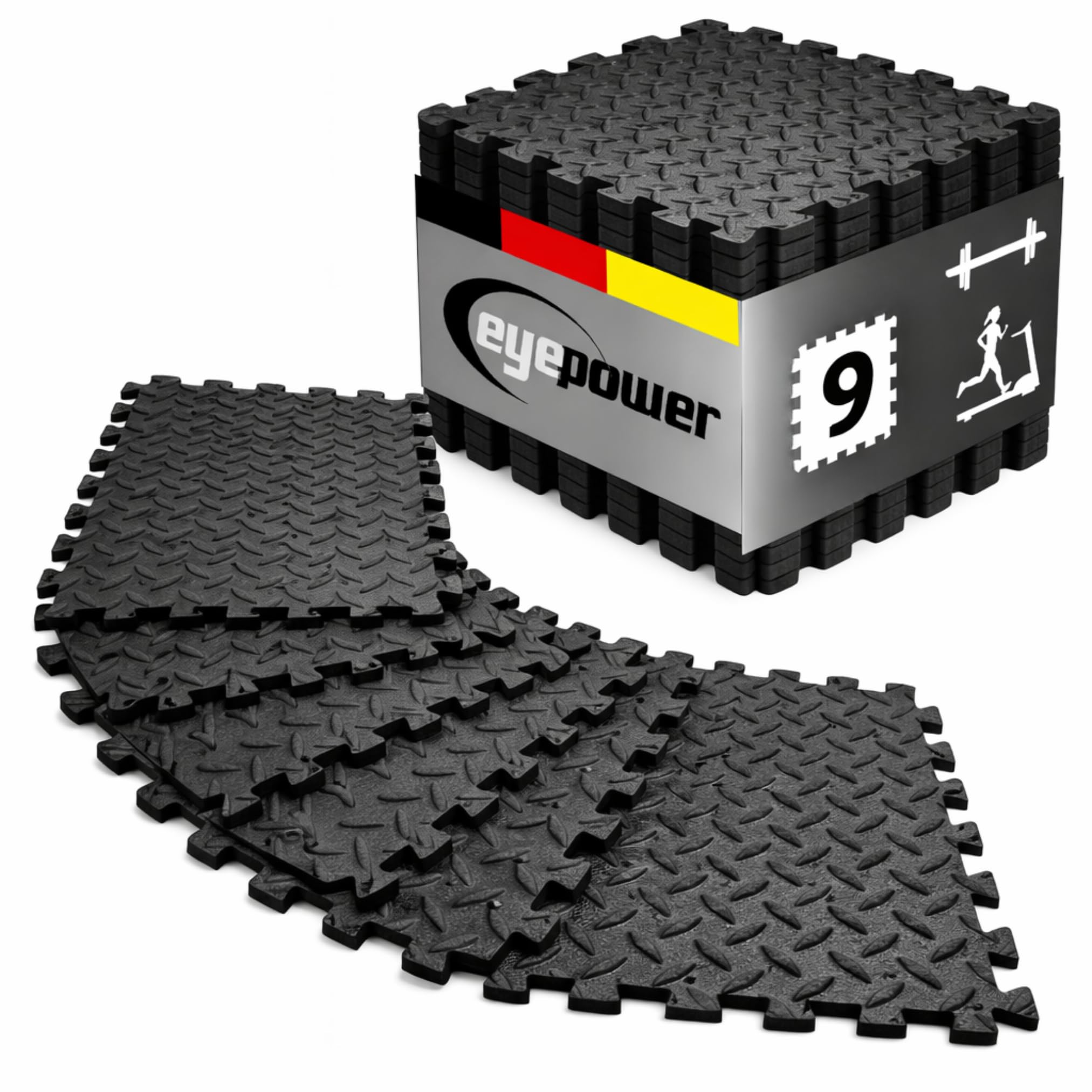 EYEPOWER Protective Flooring 10mm thick Puzzle Fitness Mat Exercise Mats 9 pcs each 30x30cm in EVA foam overall dimension 0,81qm expandable Black
