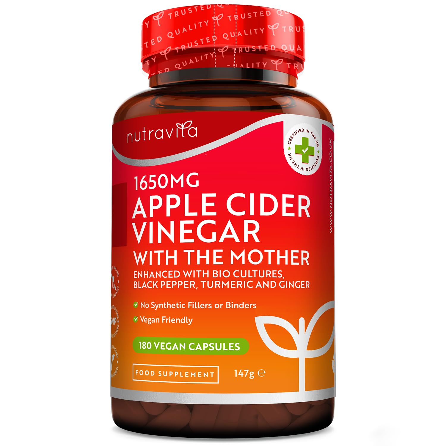 Nutravita Raw Apple Cider Vinegar 1650MG with The Mother - High Strength - 180 Vegan Capsules (Not Tablets) - Boosted with Turmeric, Black Pepper & Ginger - Perfect for Keto Diet