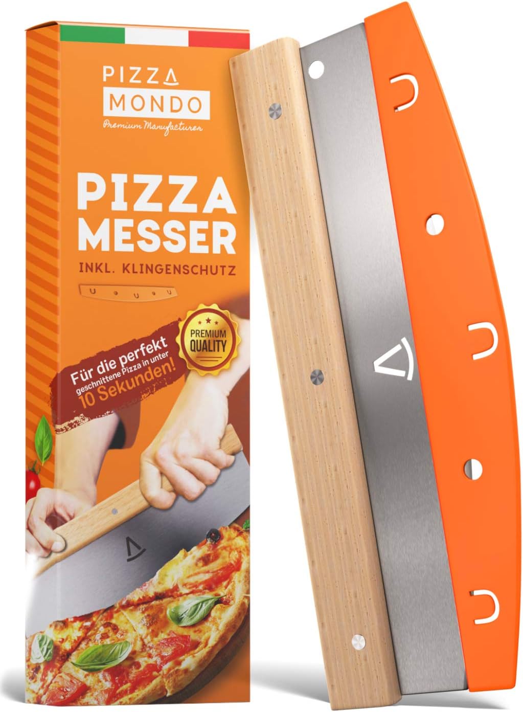 Pizza Mondo® Pizzaschneider - Profi Pizzamesser (Pizza Cutter) effektiver als Pizzaroller | Premium Pizza Wiegemesser aus Edelstahl 32cm mit Holzgriff | Schnelles und gleichmäßiges Schneiden