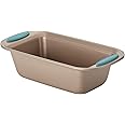 Rachael Ray Cucina Bakeware Oven Lovin' Nonstick Loaf Pan, 9-Inch by 5-Inch Steel Pan, Latte Brown with Agave Blue Handles