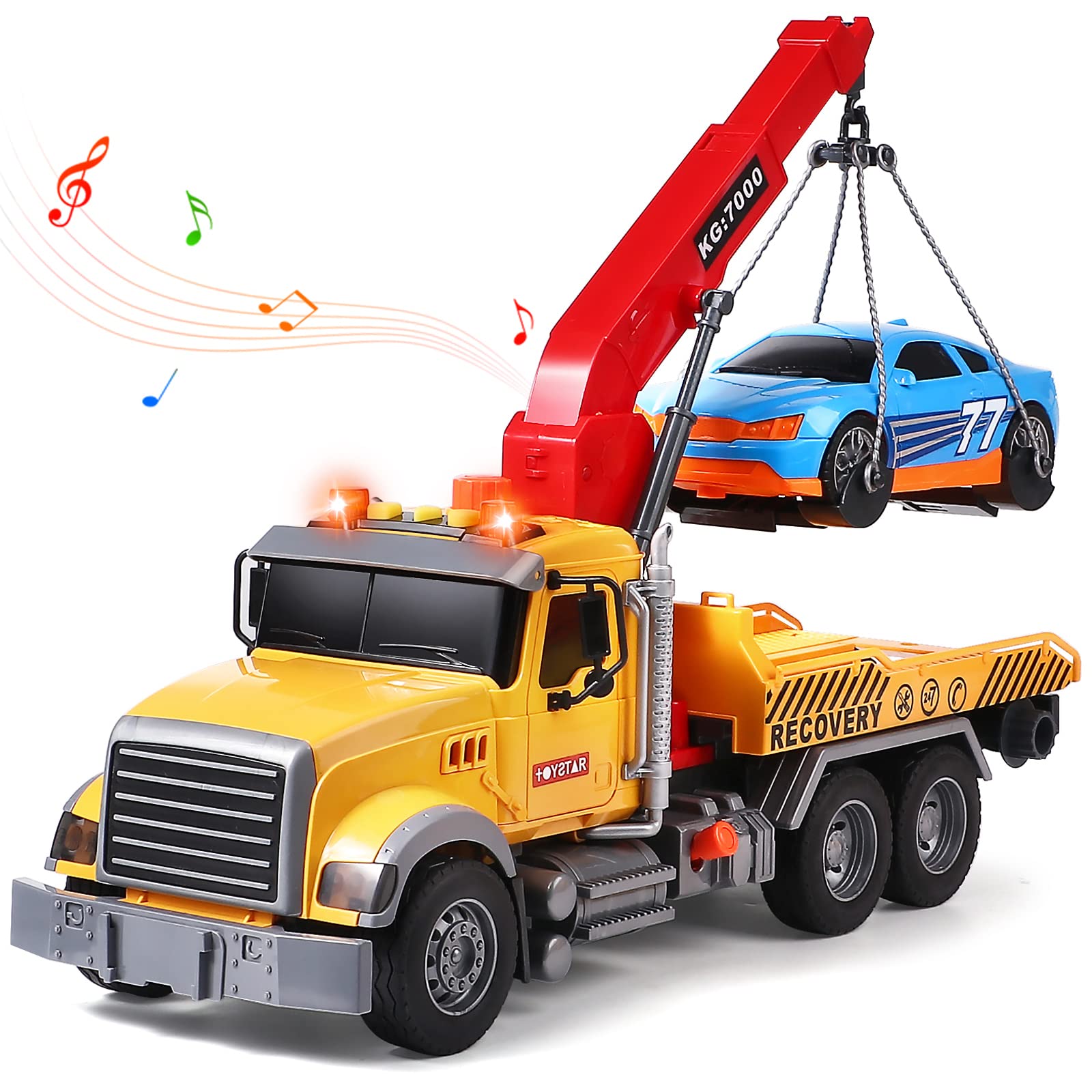 Tacobear Big Rescue Wrecker Truck Toys Gifts for Boys 3 4 5 6 7 8 Years with Racing Car 1/16 Scale Friction-Powered Tow Wrecker Truck with Lights and Sounds Educational Boys Toy Gift for Kids Toddlers