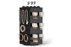 Urban Deco 360° Rotating Pegboard Display Stand with Signage, 4-Sided Spinning Peg Board Stand with 24 Hooks for Jewelry, Earring & Keychain Holder Displays for Craft Shows & Vendor Events (Black)