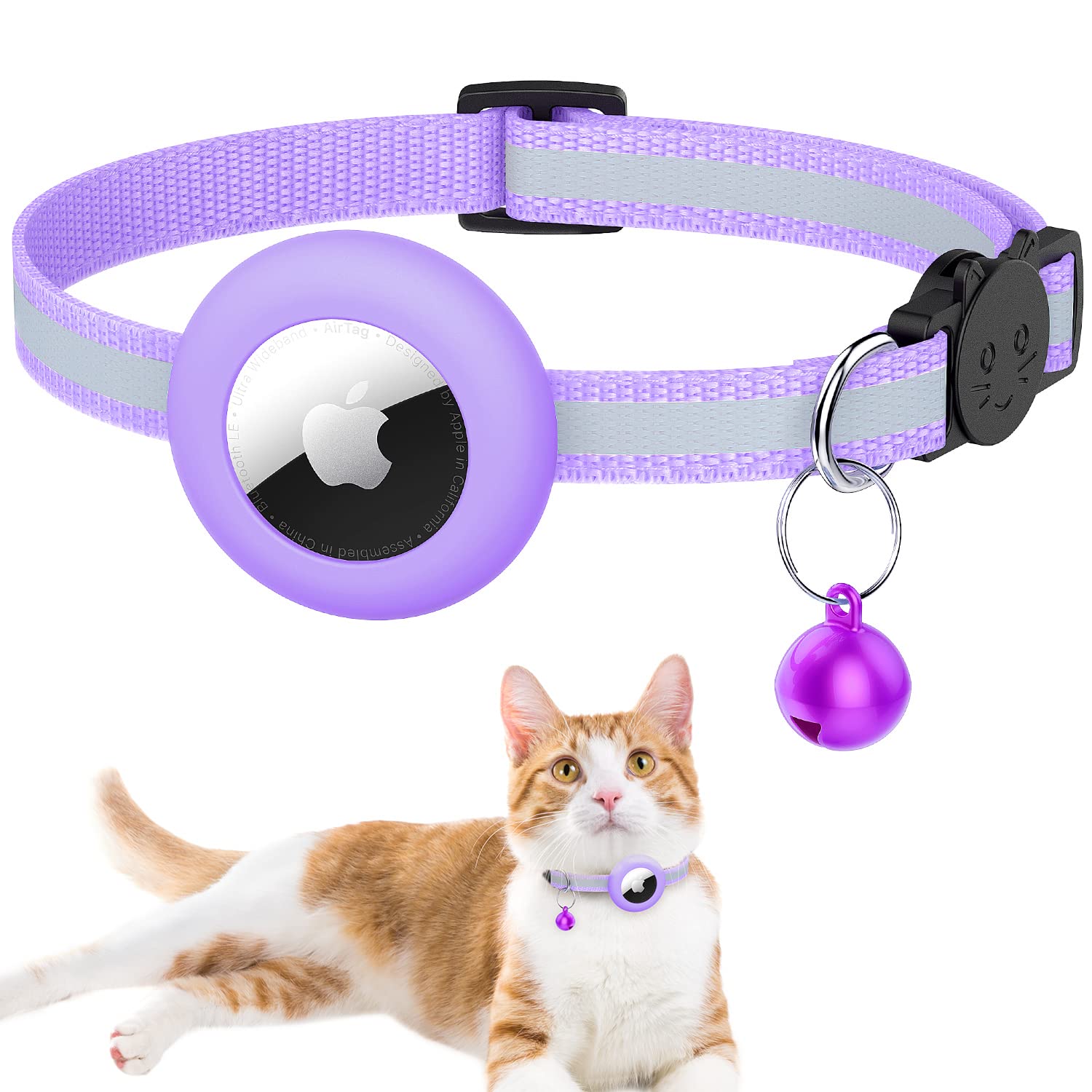 Airtag Cat Collar, Reflective Air tag Cat Collar with Bell and Prefect Size Waterproof Airtag Holder Compatible with Apple Airtag, Cat AirTag Collar with Breakaway Safety Buckle for Kitten (purple)