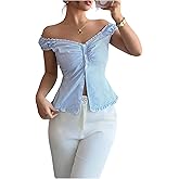 WDIRARA Women's Striped Off The Shoulder Blouses Button Down V Neck Crop Tops