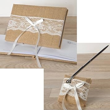 Libro de firmas boda + Boli yute con puntilla: Amazon.es: Hogar