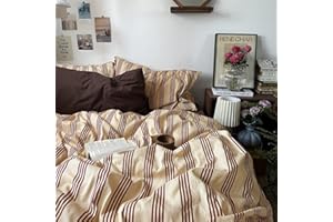 Nayoroom Striped Duvet Cover Queen Size Vintage Brown Striped Duvet Cover 3 Pieces 100% Washed Cotton Soft Breathable Girls Dorm Bedding Set for Hot Sleepers