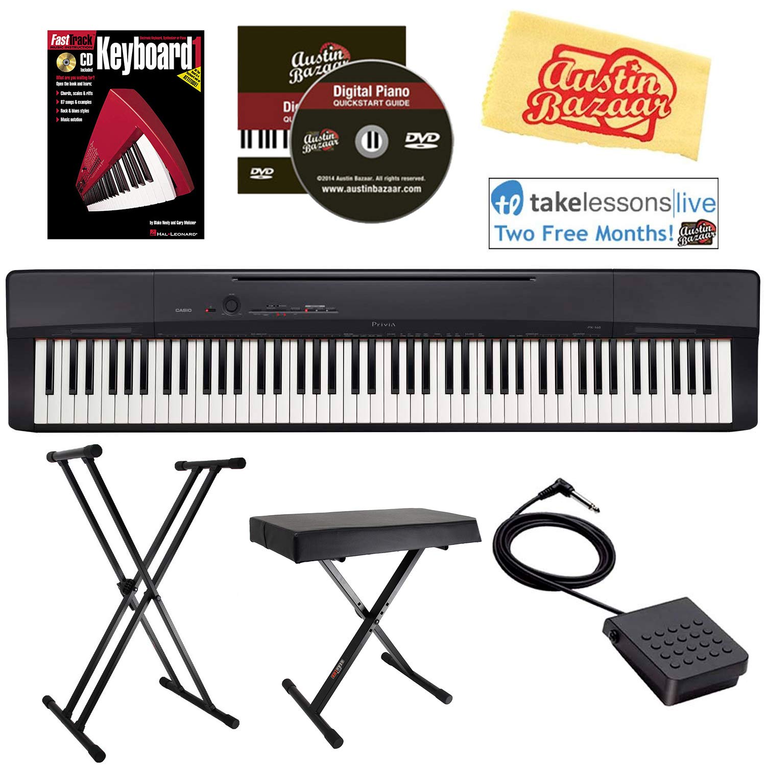 Casio Privia PX-160 Digital Piano - Black Bundle with Adjustable Stand,  Bench, Sustain Pedal, Instructional Book, Austin Bazaar Instructional DVD,  ...