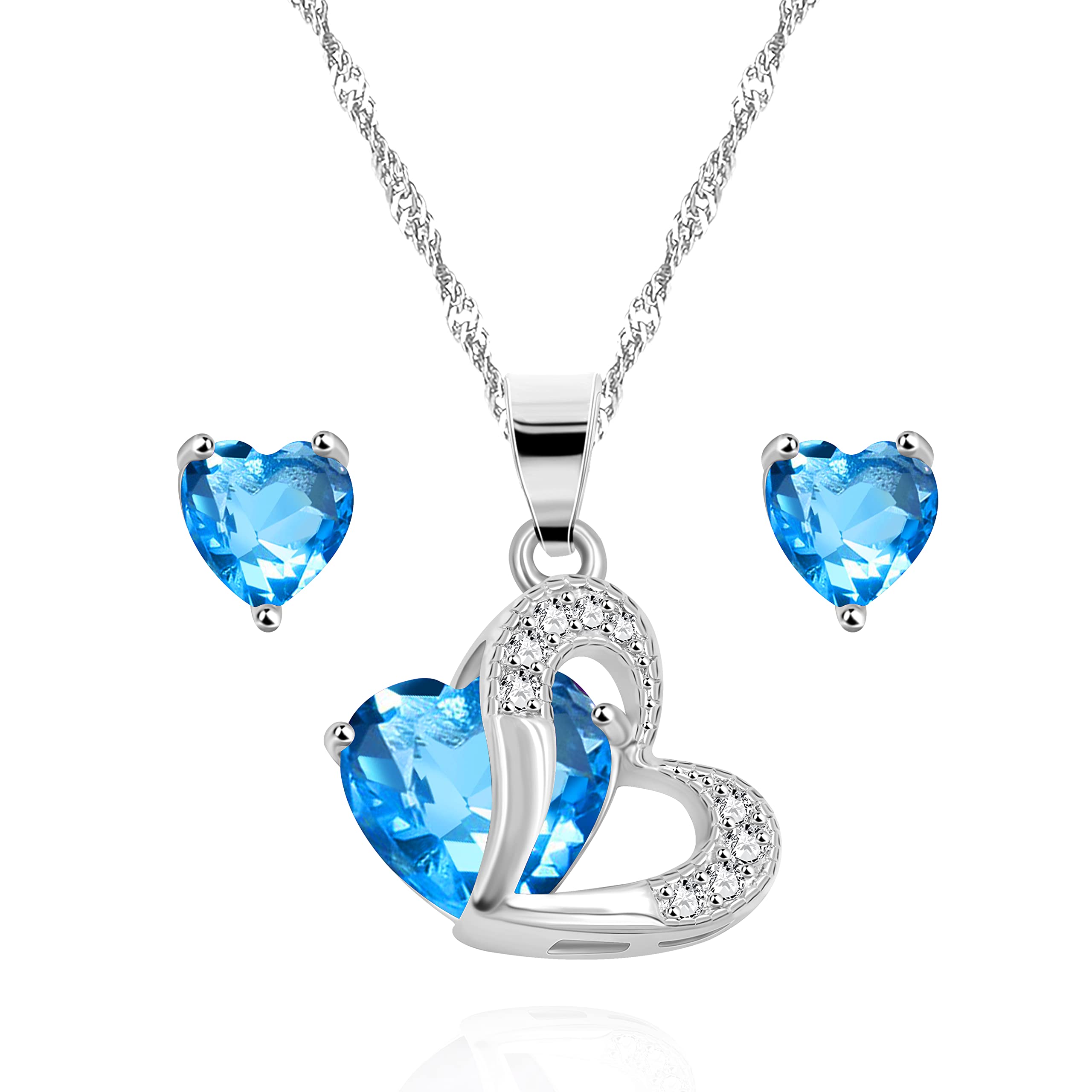 Uloveido Fashion Blue Heart Necklace and Stud Earrings Set Love Heart Crystal Wedding Bridal Jewelry for Women Y1178 (Blue)