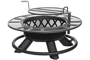 Four Seasons Courtyard 47" Steel Ranch Wood Burning Fire Pit Round Outdoor Fireplace with Adjustable Grill Top, Safety Ring, and Cooking Grate, Black