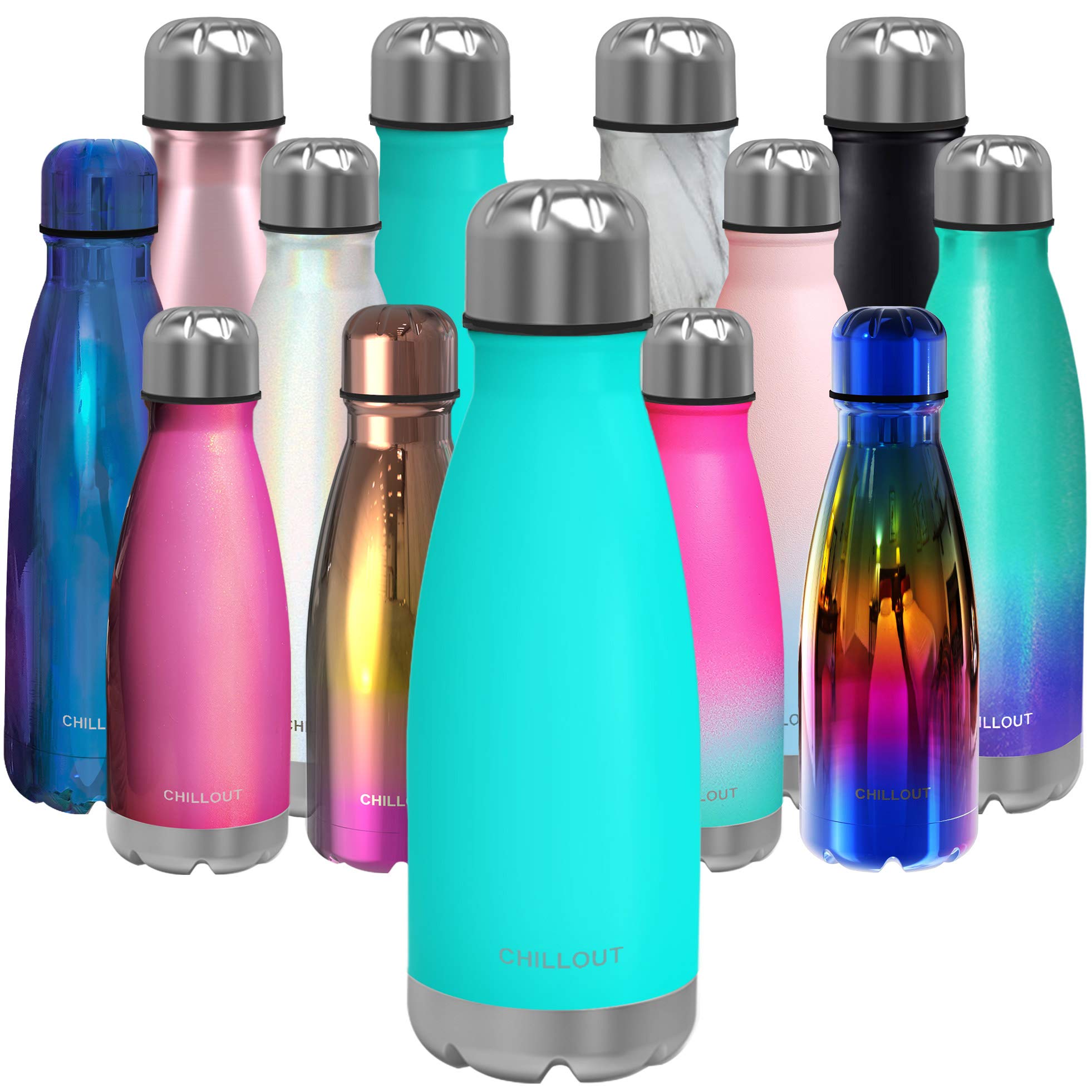 Chillout Life Stainless Steel Water Bottle for Kids School - 12 oz Double Wall Insulated Cola Bottle Shape for Cold and Warm Drinks, BPA Free Metal Sports Bottle for Boys, Girls & Women (Aqua Blue)