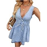 MakeMeChic Women's Denim Dress V Neck Tie Front Sleeveless Summer Jean Mini Dresses