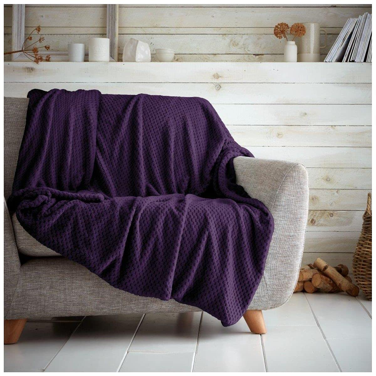 GC GAVENO CAVAILIA Premium Popcorn Honey Comb Sofa Bed Blanket, Easy Care Super Soft & Warm Fluffy Settee Waffle Throw, Purple, 150X200