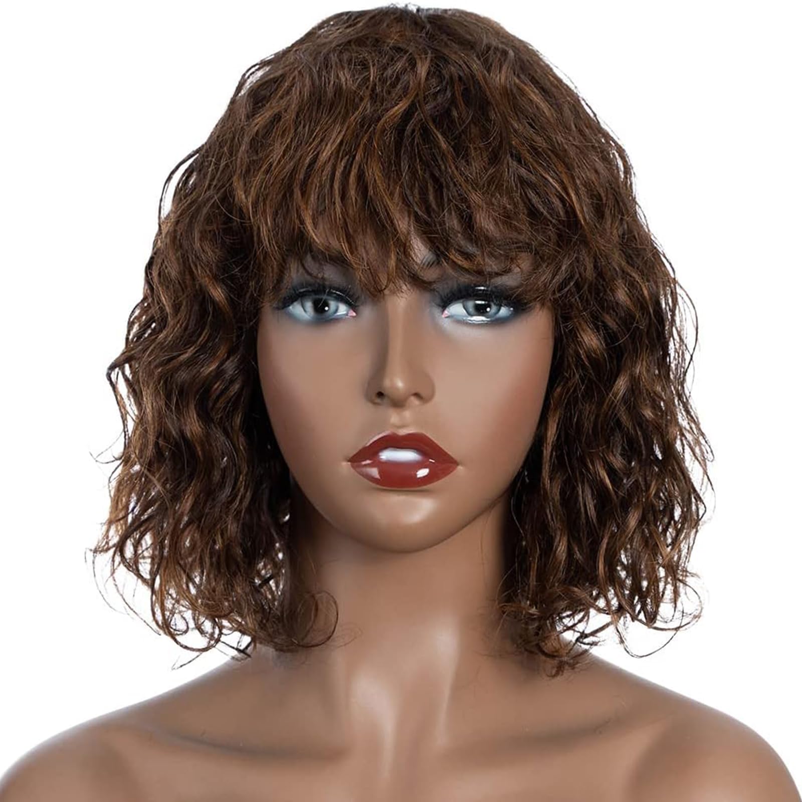 FASHION IDOL Bob Curly Human Hair Wig for Black Women 10 Inches Brazilian Virgin Human Hair Short Deep Water Wavy Wig with Bangs 150% Desity (10 Inch, Brown) — image 1