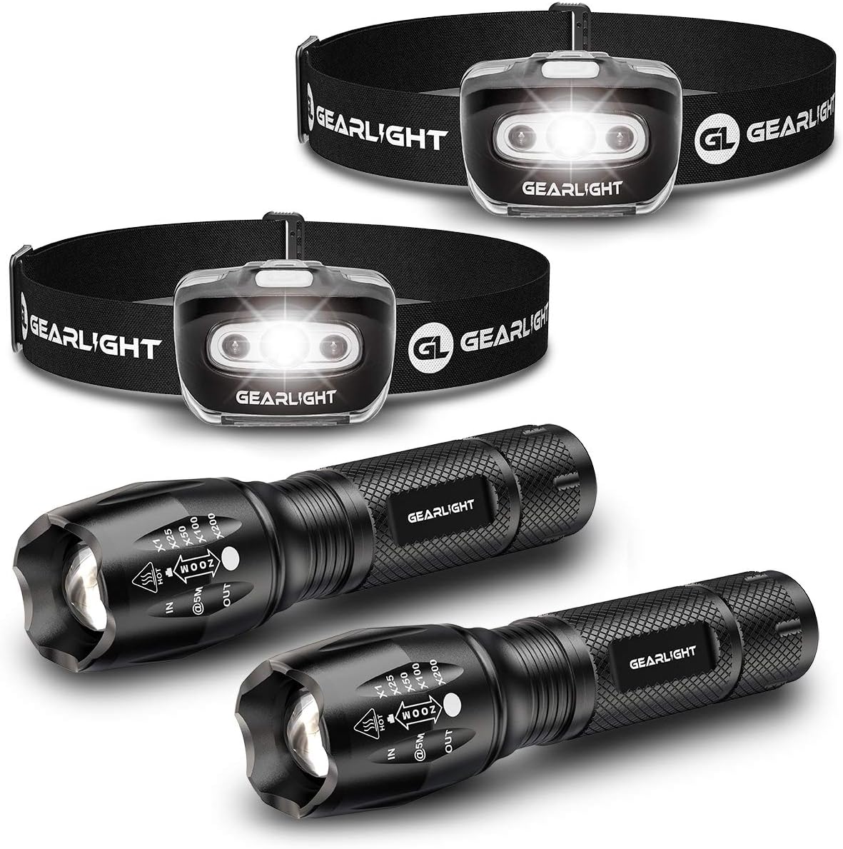 GearLight S1000 LED Tactical Flashlight with Holster [2 Pack] + GearLight S500 LED Headlamp [2 Pack] Bundle - - 