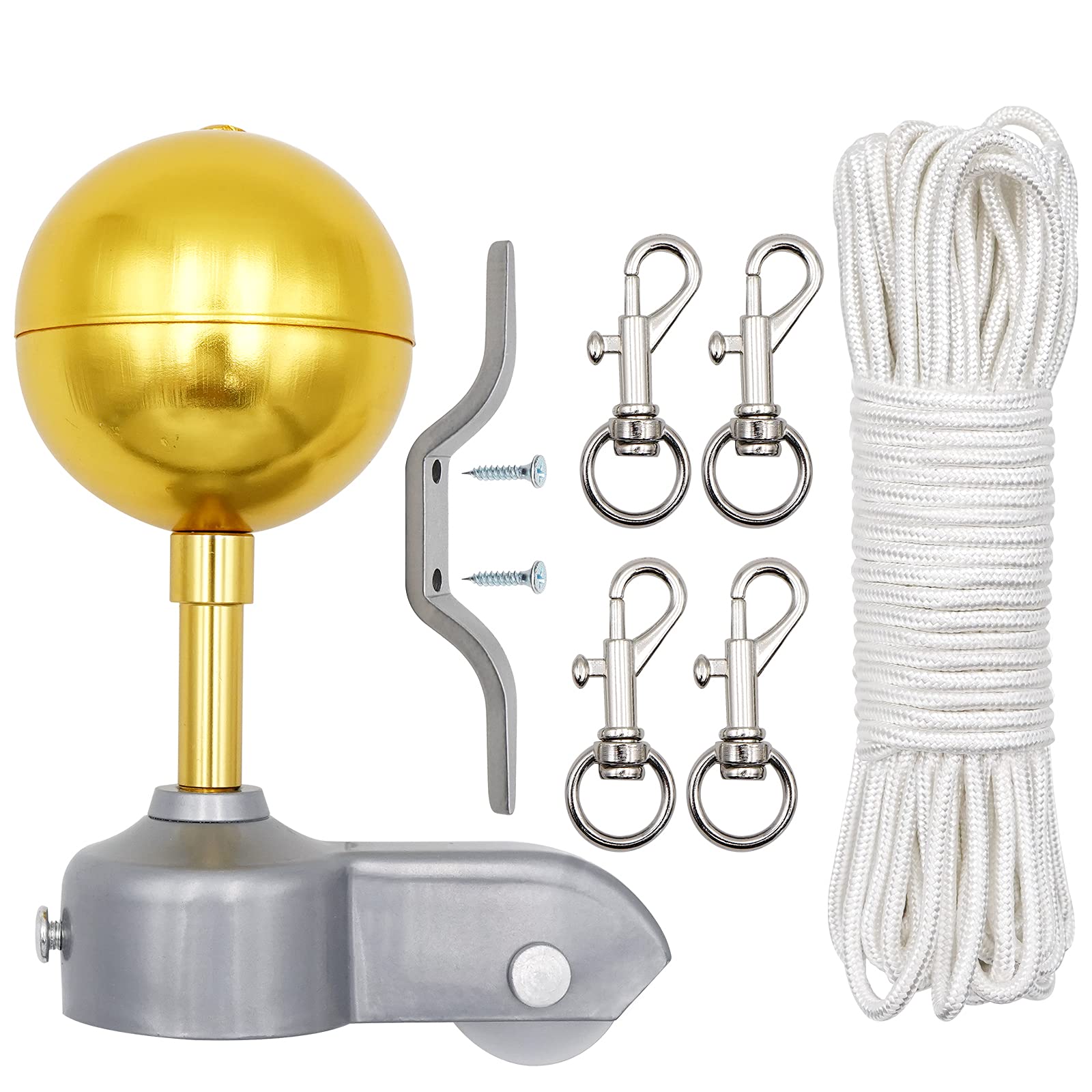 Photo 1 of NOMAL Flag Pole Repair Parts Kits Including 1 Piece 3" Topper Gold Ball + 50 Ft Halyard Rope + 1 Piece Cleat Hook + 4 Piece Flag Swivel Snap Hooks + Flagpole Pulley Truck for 2" OD Tube