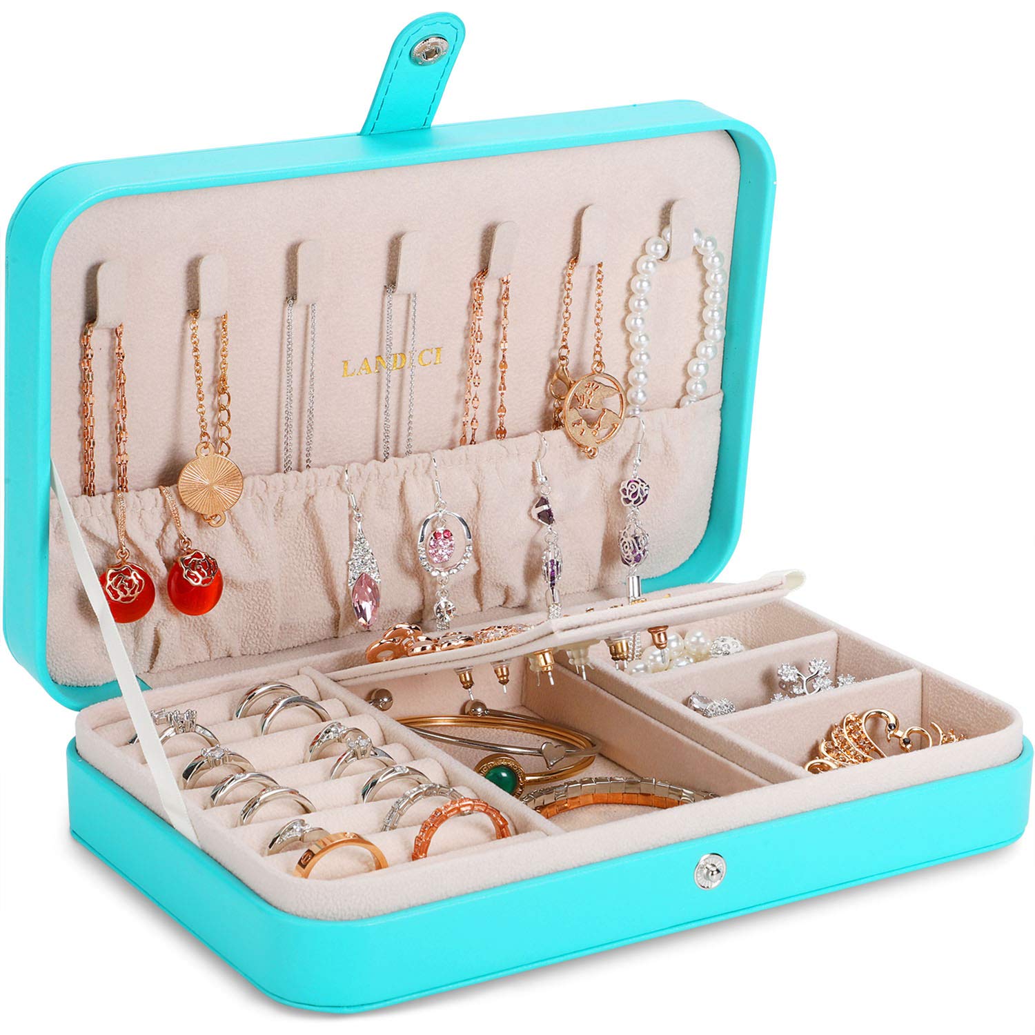 LANDICI Jewellery Box Small Jewellery Organiser for Women Girls, PU Leather Travel Jewellery Storage Case, Portable Jewellery Holder for Ring Earrings Necklace Bracelet, Jewellery Gift Box,Lake Blue
