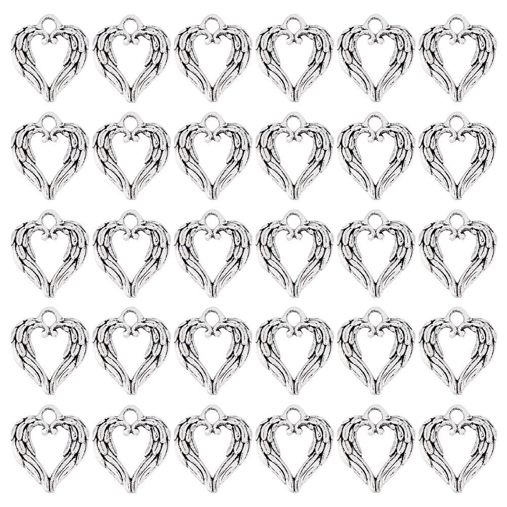 DICOCHARMS 60Pcs Small Angel Wings Heart Wing Charms, Antique Silver Heart Feather for Valentine's Day Jewelry Making, Hole: 2.5mm