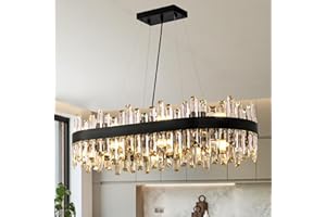 Siljoy Modern Crystal Chandelier Luxury Black 2-Tiers Raindrop Chandelier Adjustable Oval K9 Crystal Ceiling Light Fixture for Dining Room Kitchen Island Bar L35.4'' x W15.7'' x H9.8'', E12 x 16