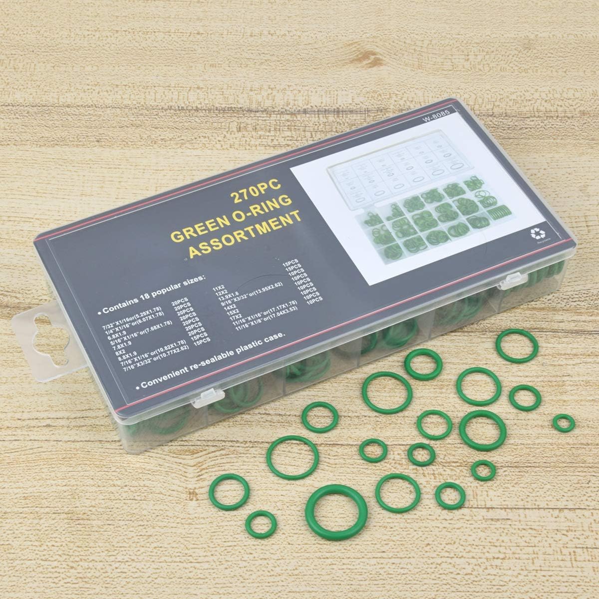 Glarks 18 Sizes 270Pcs Rubber O-Ring Car Auto Vehicle Repair Air Conditioning Compressor Seals Assortment Kit Green