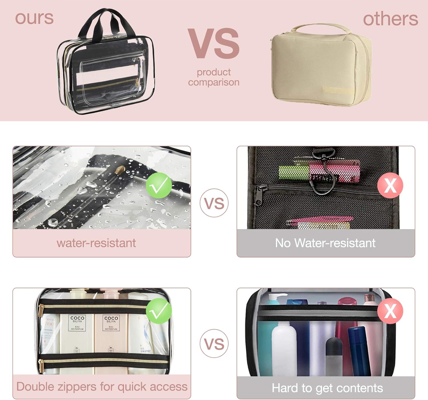 BAGSMART Toiletry Bag Travel Bag with Hanging Hook, Water-resistant Makeup Cosmetic Bag Travel Organizer for Accessories, Shampoo, Full Sized Container, Toiletries (Large-Transparent)