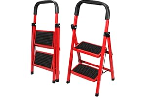 QIOJIRMU 2 Step Ladder,Folding Step Stool with Handgrip and Anti-Slip Wide Pedal,Lightweight and Sturdy,Ideal for Home Kitchen Office Use. (Red-2 Step)