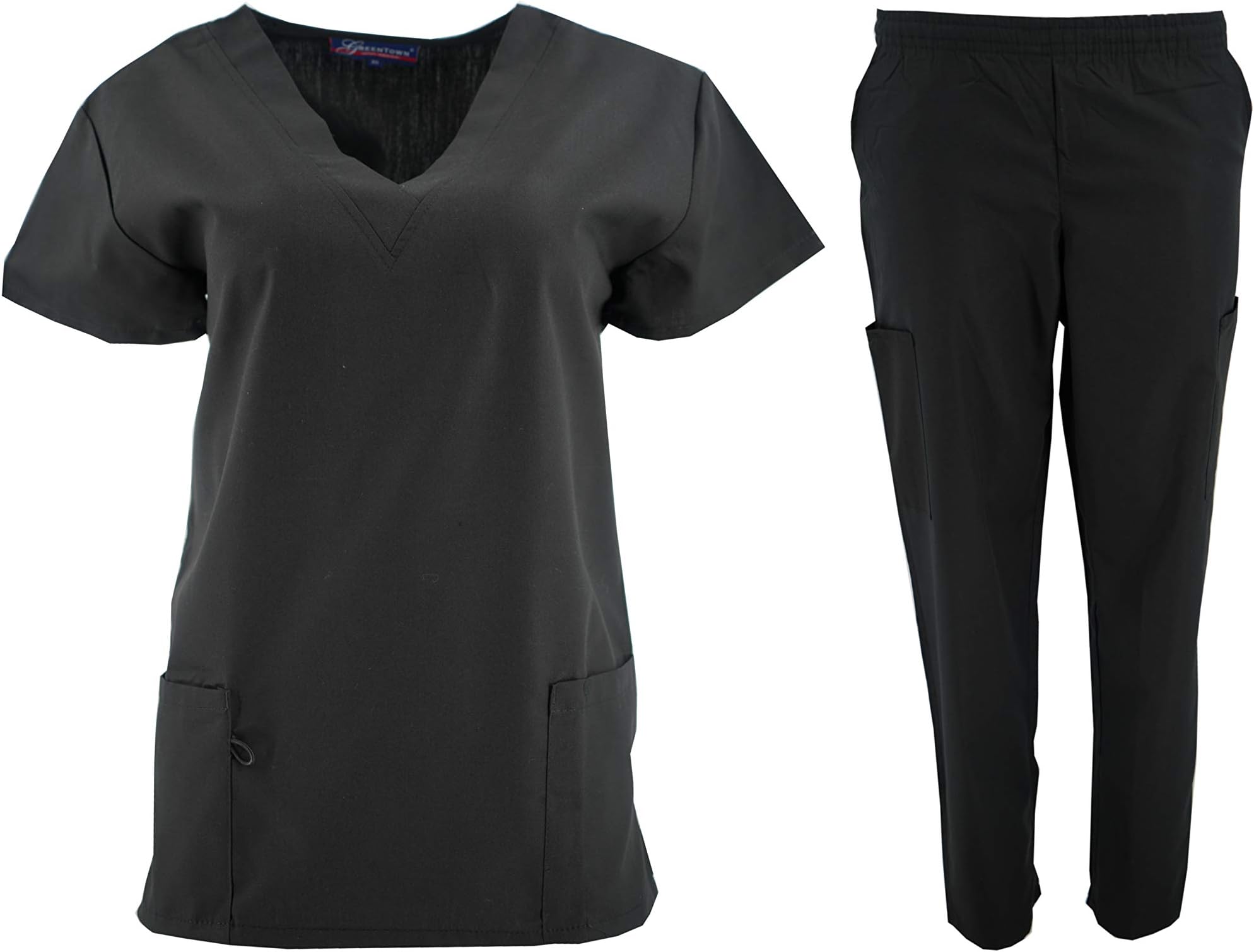Womens V-Neck Solid Scrub Set Top and Pant 2 Piece Sets Sizes XS-5XL (4XL, Black)