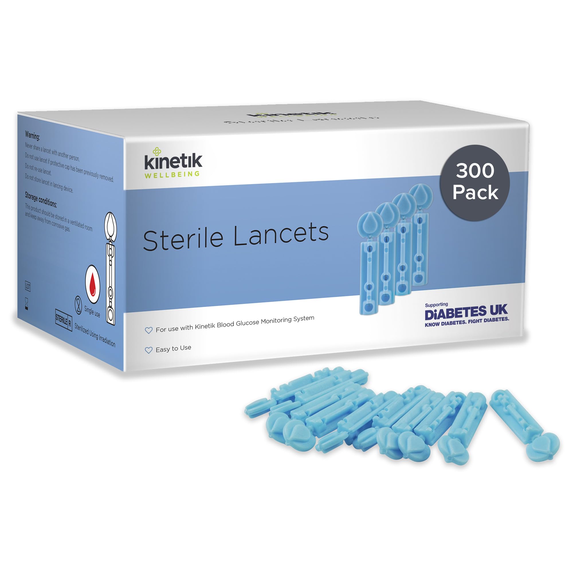 Kinetik Wellbeing Sterile Lancets Pack of 300 - Blood Glucose Testing Kit Lancets for Diabetes Management, Diabetic Finger Prickers - Blood Lancing Device, Type 1 & 2 Diabetics Accessories