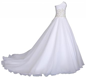 Romantic-Fashion Brautkleid Hochzeitskleid Weiß Modell W031 A-Linie Lang Satin Trägerlos Perlen Strass DE
