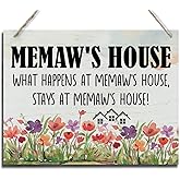 Rustic Hanging Wood Wall Art Sign Decor - Mother's Day & Grandma's Gift - 'What Happens At Memaw's House, Stays At Memaw's House'