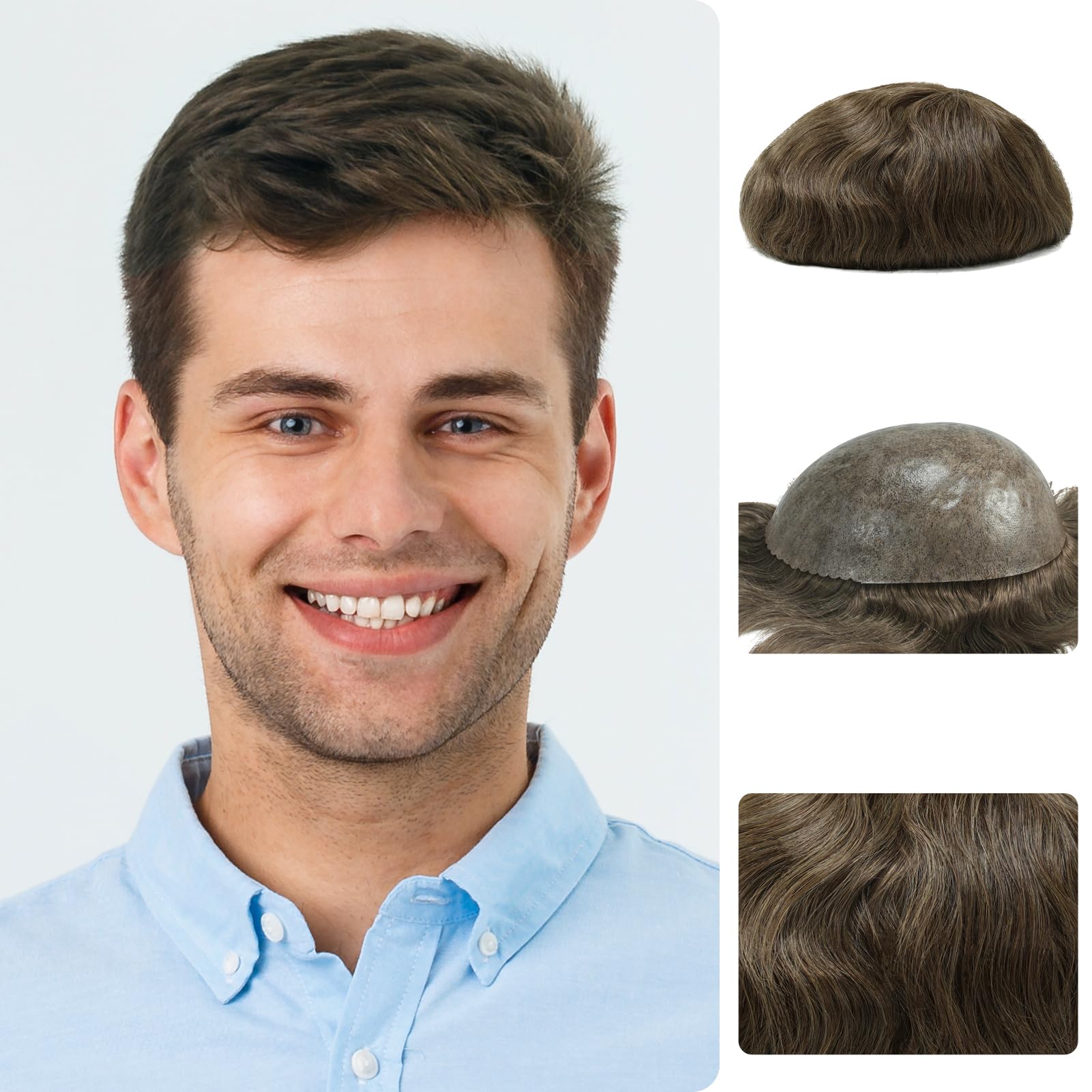 Zakya Hair System for Men Thin Skin Men's Toupee 100% Human Hair Men's Hairpieces 8x10 Inches Base Size Hair Replacement System for Men (Light Brown 7#)