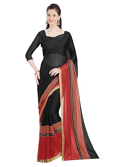 Womens Faux Georgette Striped Printed Saree With Un-Stitched Blouse Fabric (9438 - Black - Free Size)