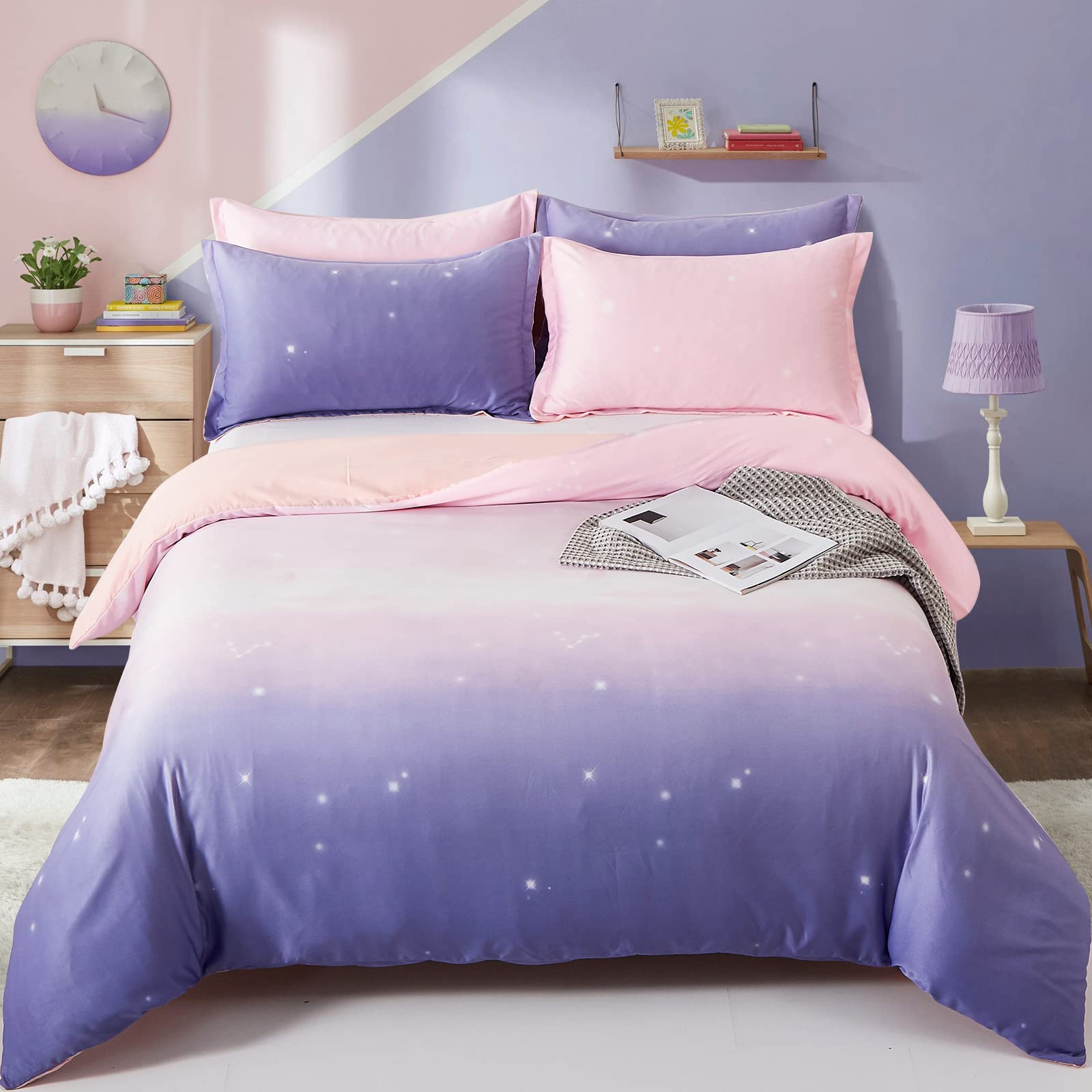 DJY Pink and Purple Gradient Bedding Set Galaxy Duvet Cover Pillowcases with Zipper Closure for Kids Girls Teens Adults (Double Size 200x200cm)