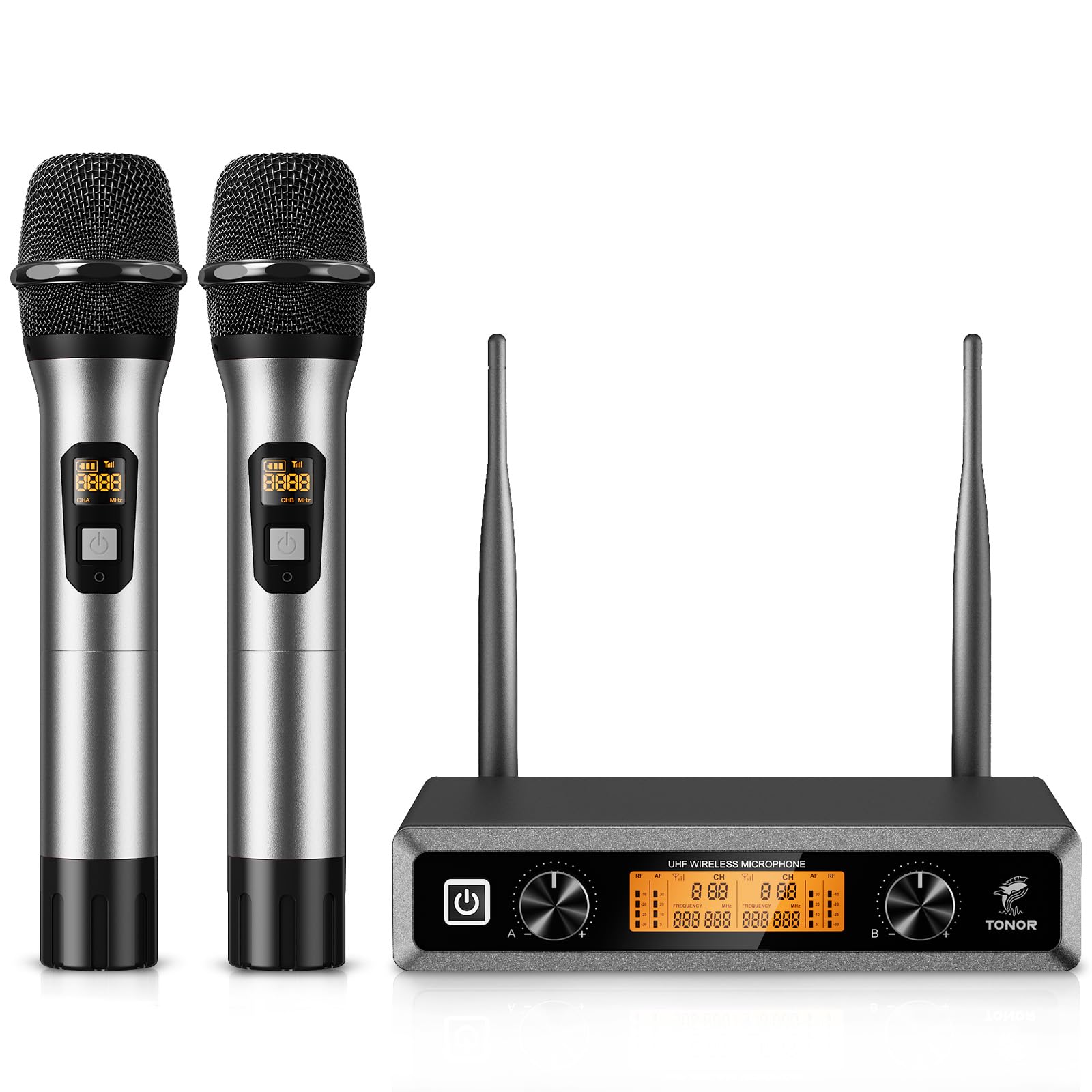 TONOR TW820 Wireless Microphones, Metal Dual Professional UHF Cordless Dynamic Mic, Handheld Mic System with Receiver for Home Karaoke, Meeting, Party, Church, DJ, Wedding, Singing, 60 m, Silver