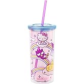 Silver Buffalo Hello Kitty Friends Rainbows and Clouds, Plastic Tall Cold Cup with Lid and Straw, 20 Ounces