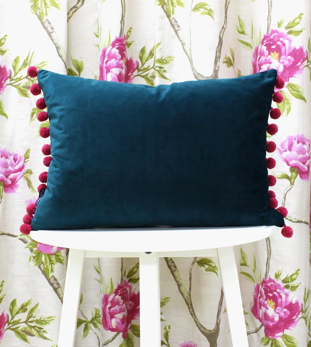 Riva Paoletti Fiesta Rectangular Filled Cushion Blue Pink Pompom Edges-Faux Velvet Fabric-Discreet Zip Closure-100 Case (14" x 20" inches) - Image 3