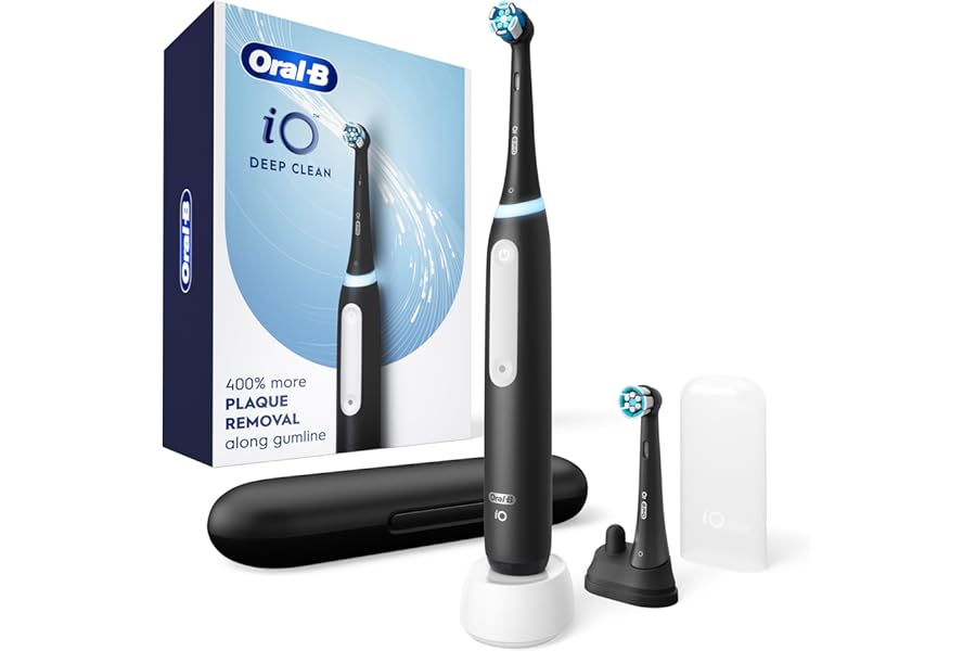 Oral-B iO Deep Clean Rechargeable Electric Powered Toothbrush, Black with iO Series 3 Limited, 2 Brush Heads and Travel Case – Pressure Sensor to Protect Gums – 3 Cleaning Settings – 2 Minute Timer