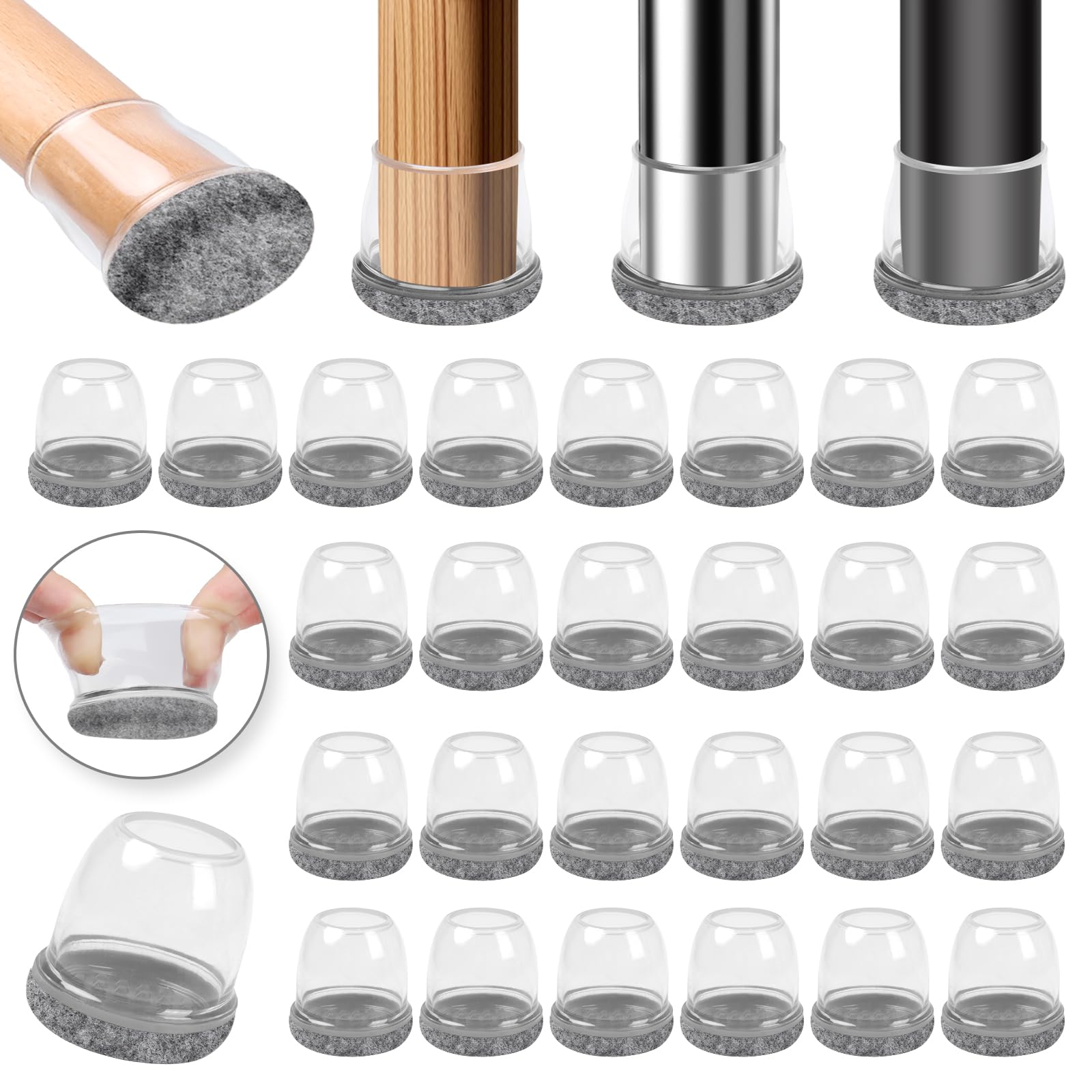 32 PCS Grey Silicone Chair Leg Floor Protectors with Wrapped Felt, Rubber Chair Leg Caps, Chair Leg Covers, Furniture Feet Protectors Pads, No Noise No Scratches (Round, Fit 0.75-1")