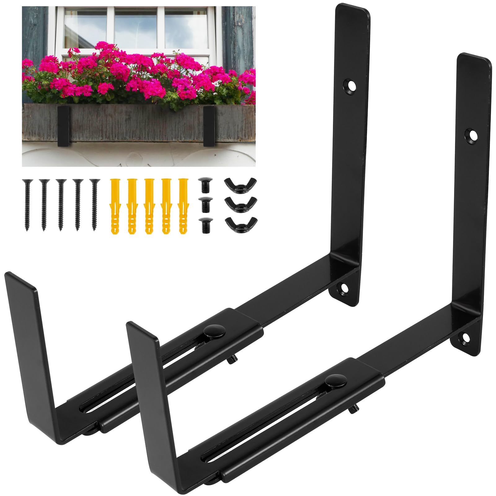 Foribyw Flower Window Box Bracket Adjustable Carbon Steel Planter Box Holder Wall Mounted Shelving Supports Sturdy Railing Flower Pot Bracket for 15-33cm Deep Planter Box