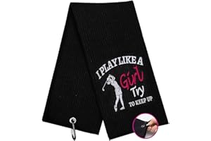 BOTOGIFT Funny Golf Towel, I Play Like A Girl Try to Keep up - Golf Gifts for Women, Golf Accessories for Women, Embroidered Golf Towels for Golf Bags with Clip, Black