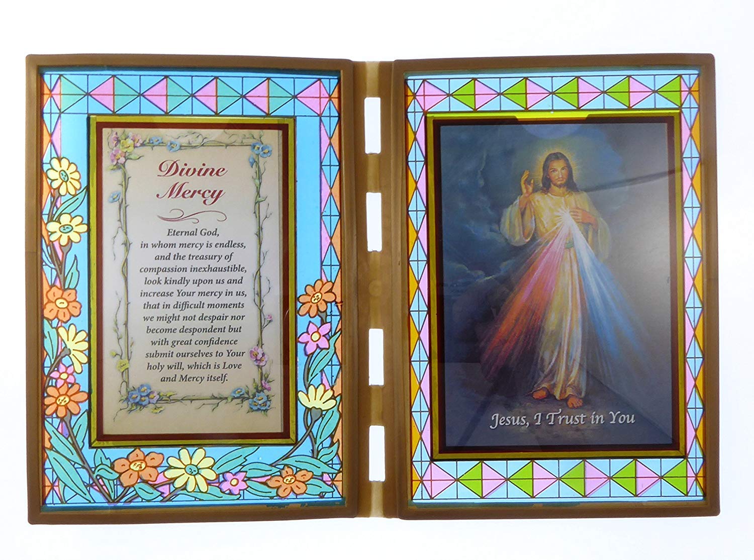 C BC Stained glass double frame with prayer and Divine Mercy Jesus image 18cm