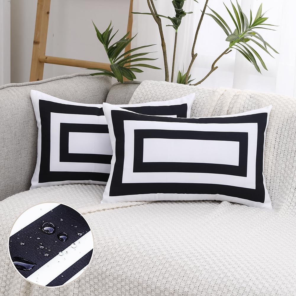 Photo 1 of JOJOGOGO White Outdoor Lumbar Pillow Covers Waterproof 12x20 Set of 2, White and Black Decorative Outdoor Waterproof Boho Pillows 12 x 20 for Patio Furniture Farmhouse (Black Border)