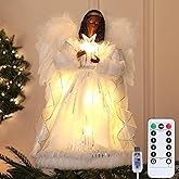 SINTENILL 12.5" Black Angel Christmas Tree Topper with Lights, Lighted Angel Tree Topper with White Feather Wings and Star Light, Remote Control, Timer & USB Powered for Holiday Party Decor