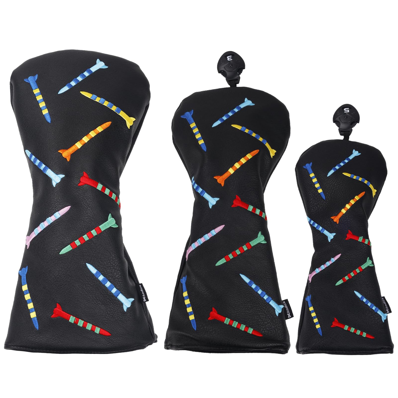 Andux PU Striped Tees Pattern 3Pack/set Golf 460cc Driver Fairway Woods Club Head Covers (Black) — image 1