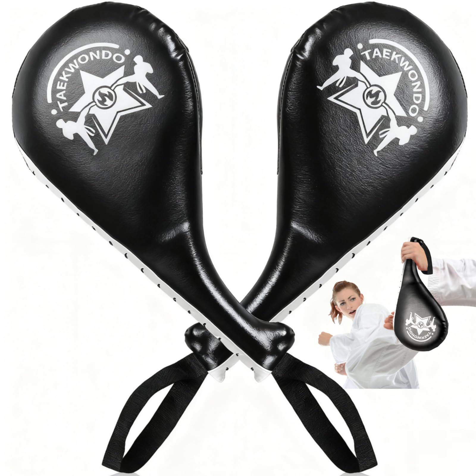 Noamus 2 Pack Taekwondo Kick Pads, Durable Striking Target Paddles, TKD Karate Martial Arts Strike Targets, Kickboxing Training Equipment Sparring Gear for Kids Youth Adult, Black