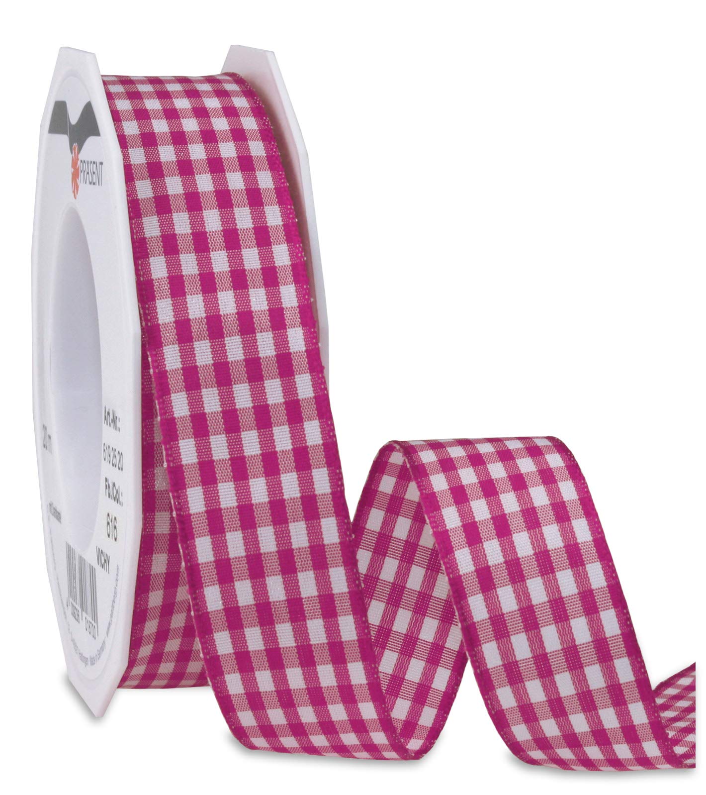 Präsent - Vichy Wired Ribbon Magenta-White 25 mm Width, 20 m Length — image 1
