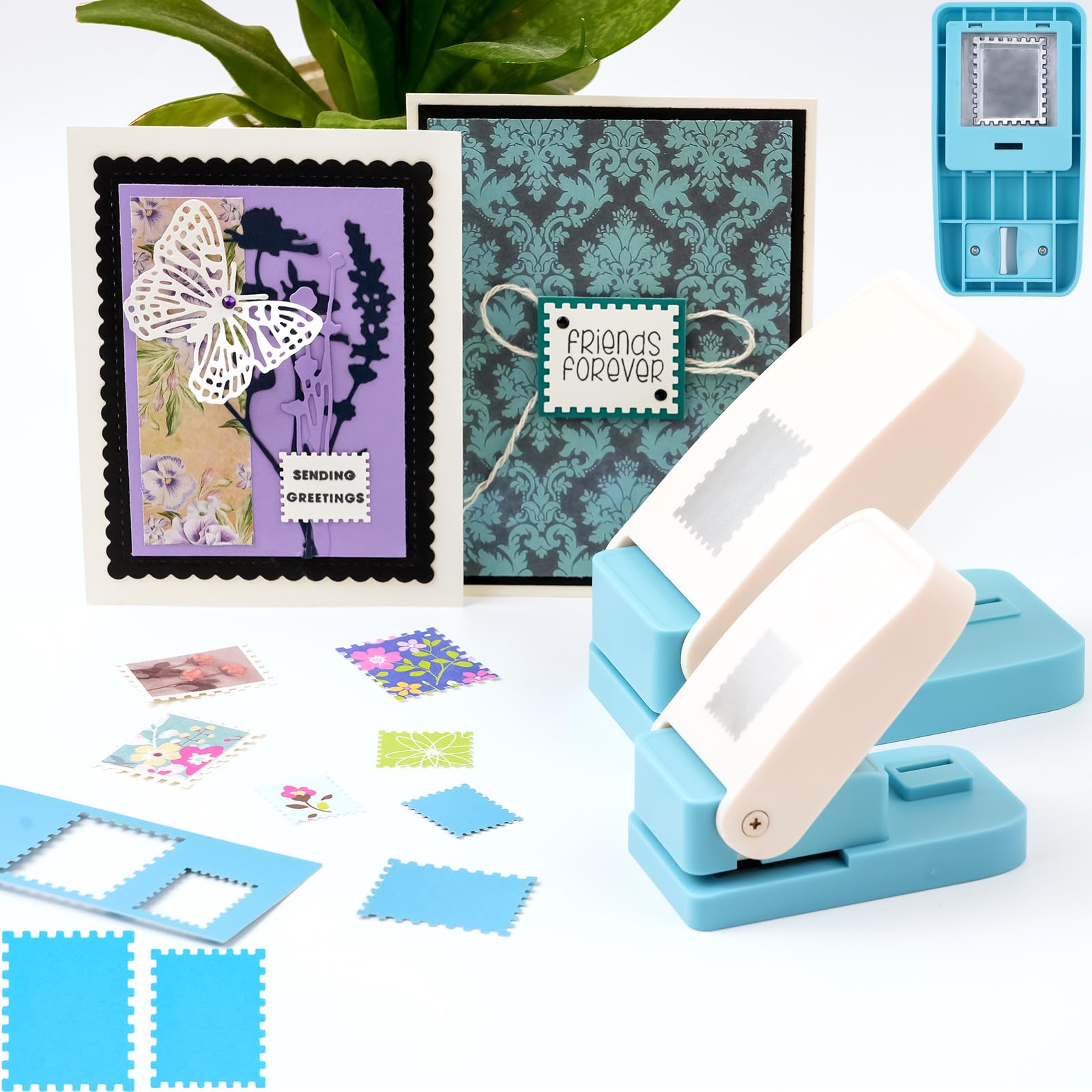 Photo 1 of 2 Pcs Stamp Punch, 1.5x1.25inch Large Rectangular Postage Stamps Punches & 1X0.8 inch Stamp Puncher, Lever Paper Punches for Crafting, Craft Hole Puncher Stamps for Paper Crafting DIY Scrapbooking