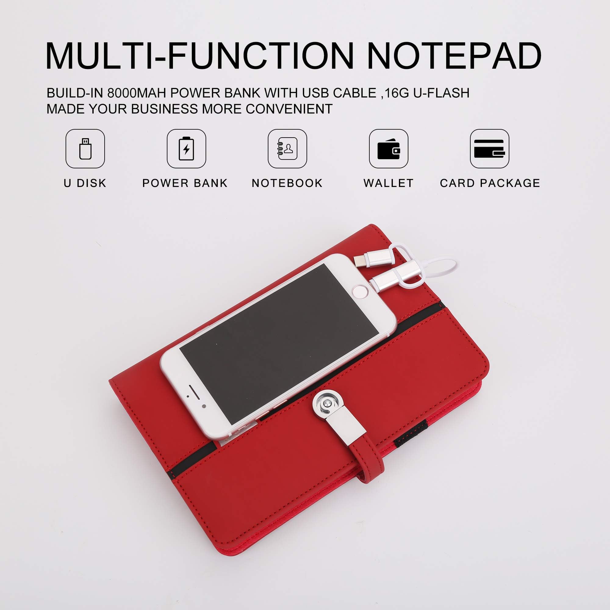 Hardcover Notebook with 8000mAH Phone Charging Business & Travel Portfolio/Built-in Power Bank Leather Business Portfolio Notebook with 16G U Disk Drive for iPad/iPhone/Android/Type-C (Black+red)
